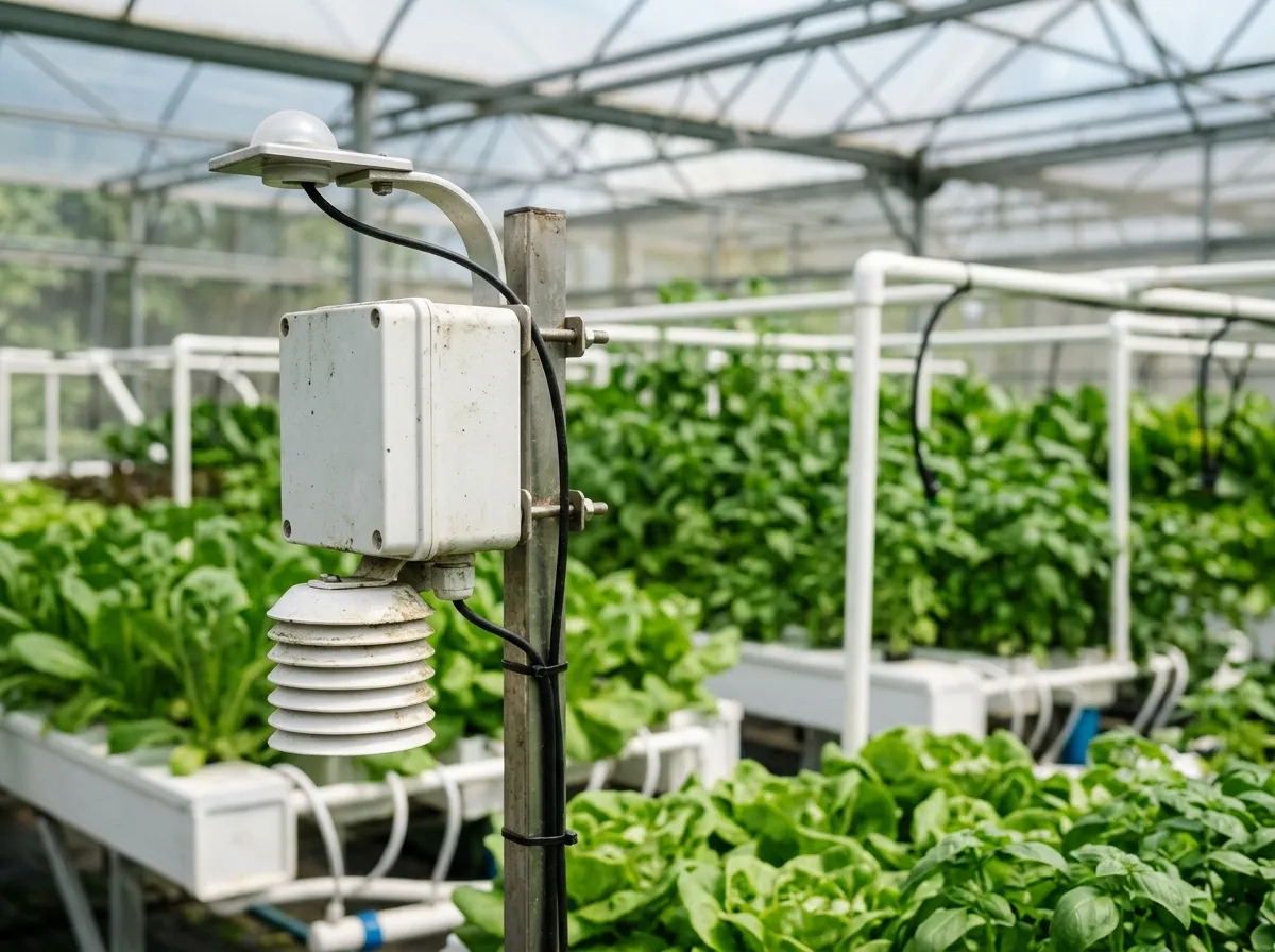 Sensor node mounted at canopy height inside a greenhouse