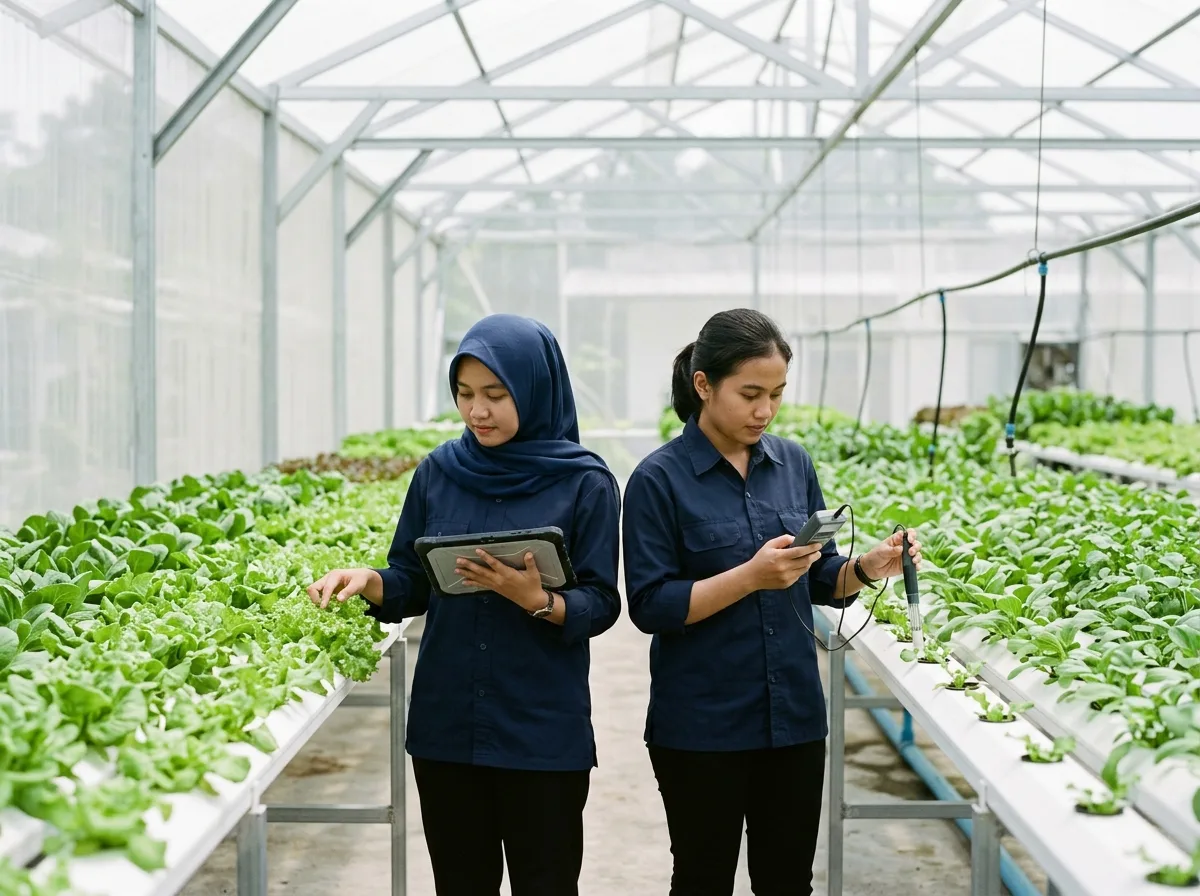 Researchers working inside a smartagri greenhouse